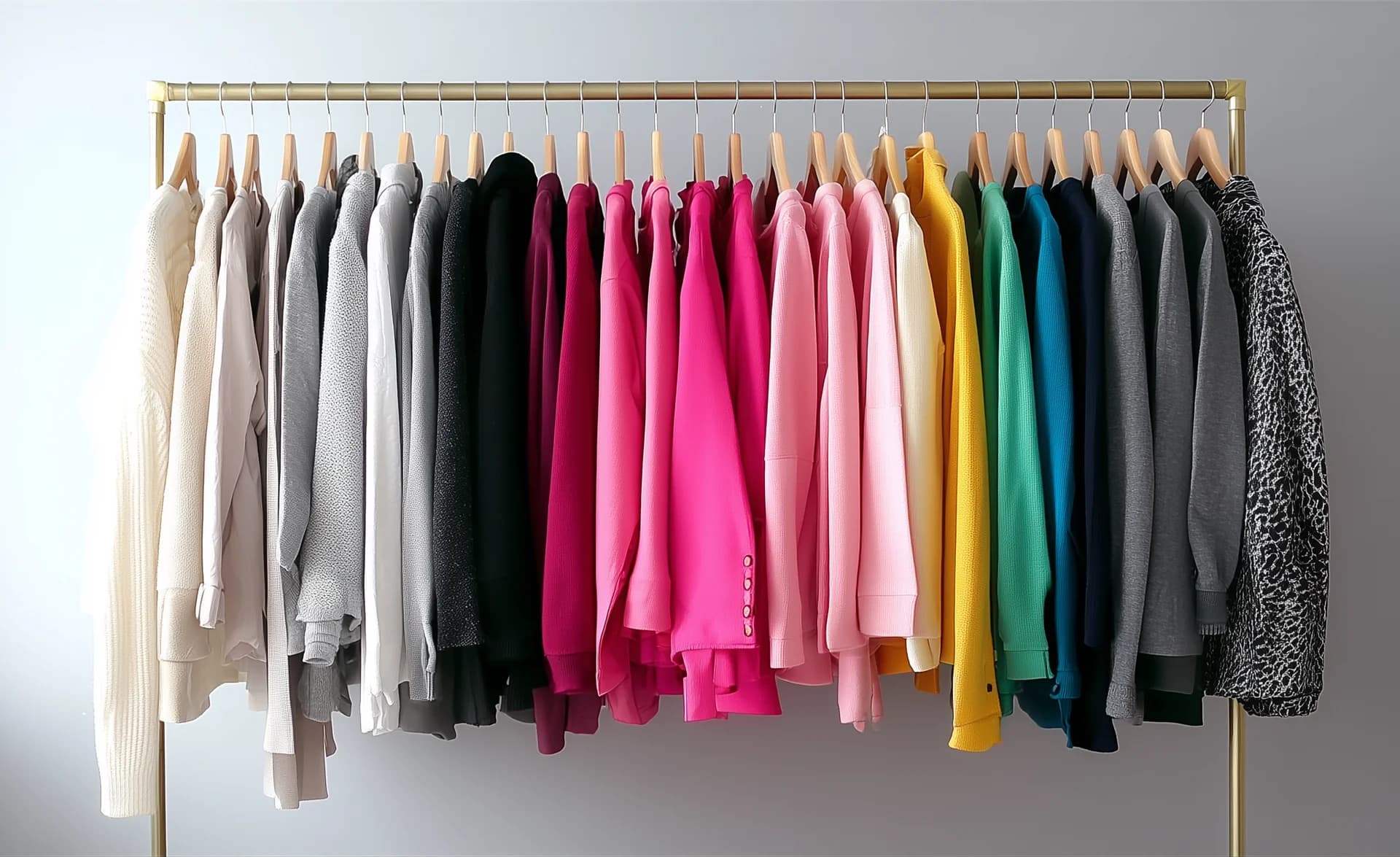 Colorful clothing rack with diverse styles — blazers, coats, dresses, and tops arranged in a rainbow gradient